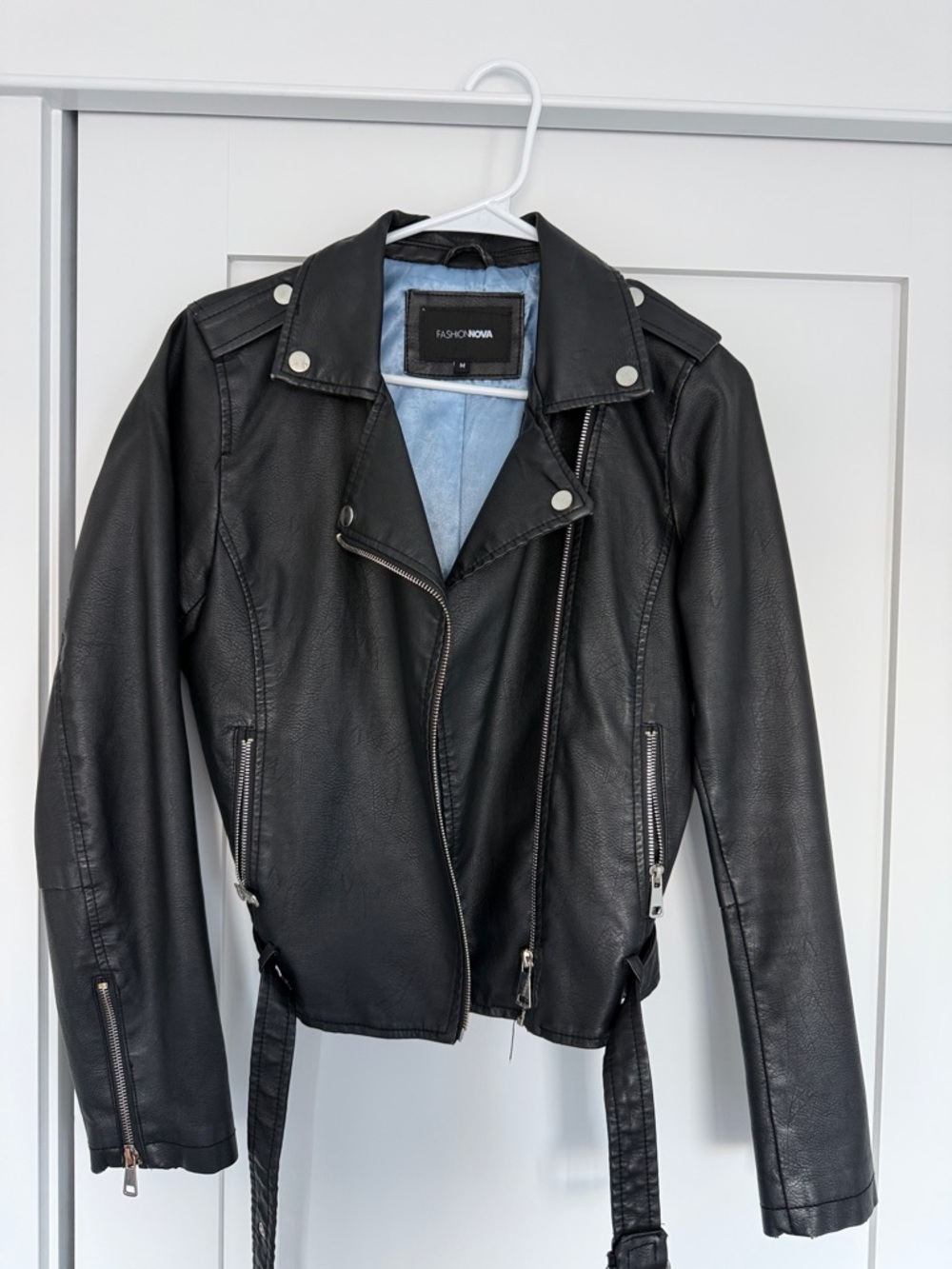 Fashion Nova Black Faux Leather Moto Jacket with Silver Hardware